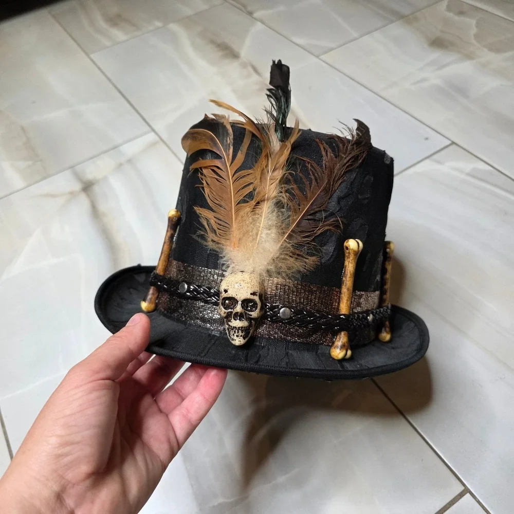 Spirit Halloween Voodoo Witch Doctor Top Hat Skull Bones Feathers Black 01433663